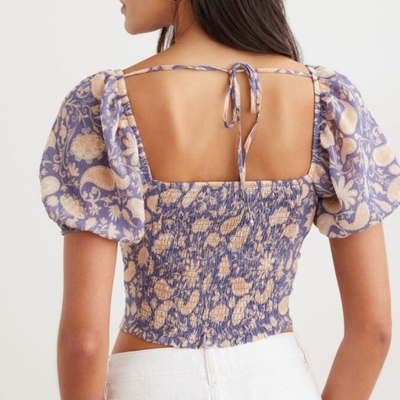 Dynamite Top Ruched Bust Square Neck Blouse Paisley Bohemian Blue Tan Spring - Picture 4 of 15